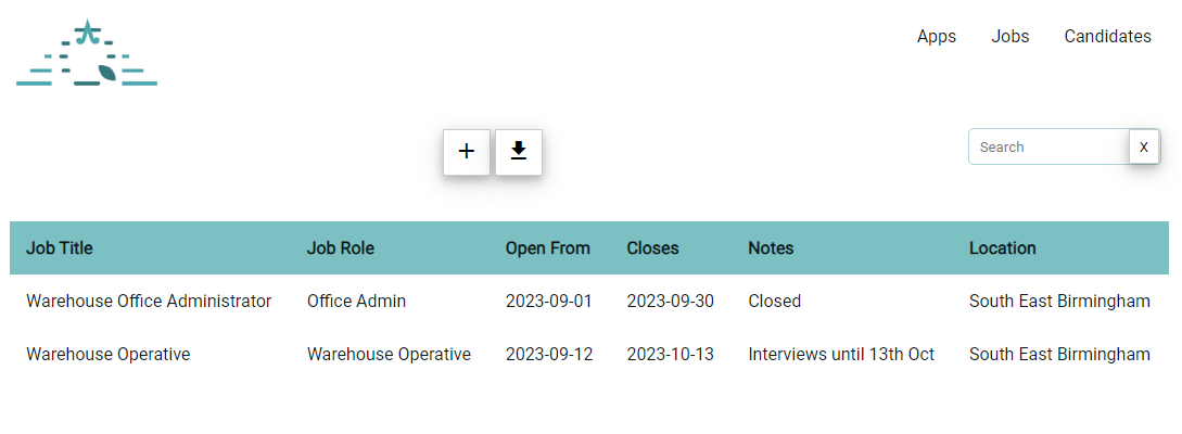 Screenshot of jobs in recruitment