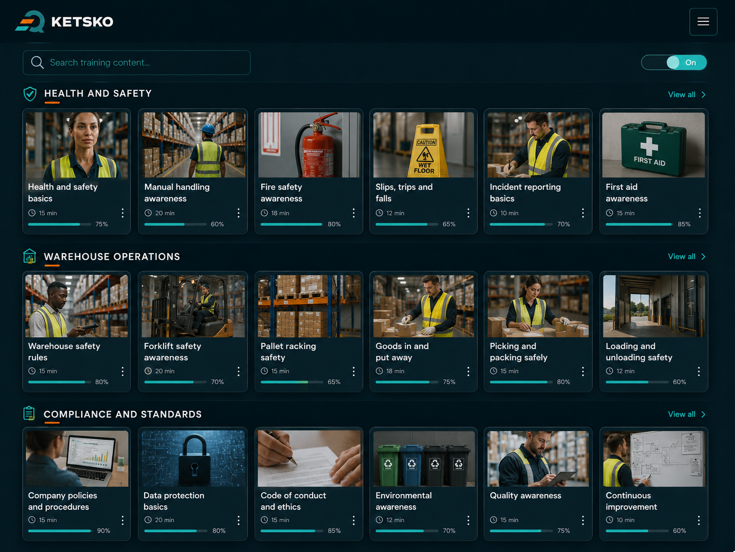 Role-based training task list showing toolbox talks, refresher training, SCORM modules and knowledge checks assigned to warehouse staff.