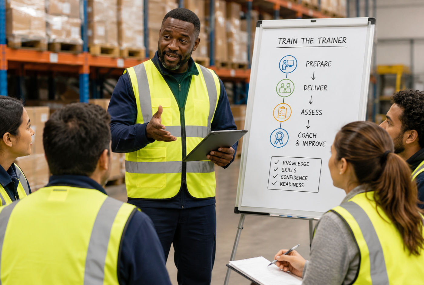 Supervisor train-the-trainer session showing workplace trainers learning to deliver training, assess practical skills and coach staff using Ketsko records.